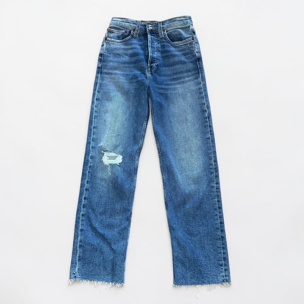 RE/DONE High Rise Straight Leg Jeans Vintage Indigo Blue Size 25 Distressed Used